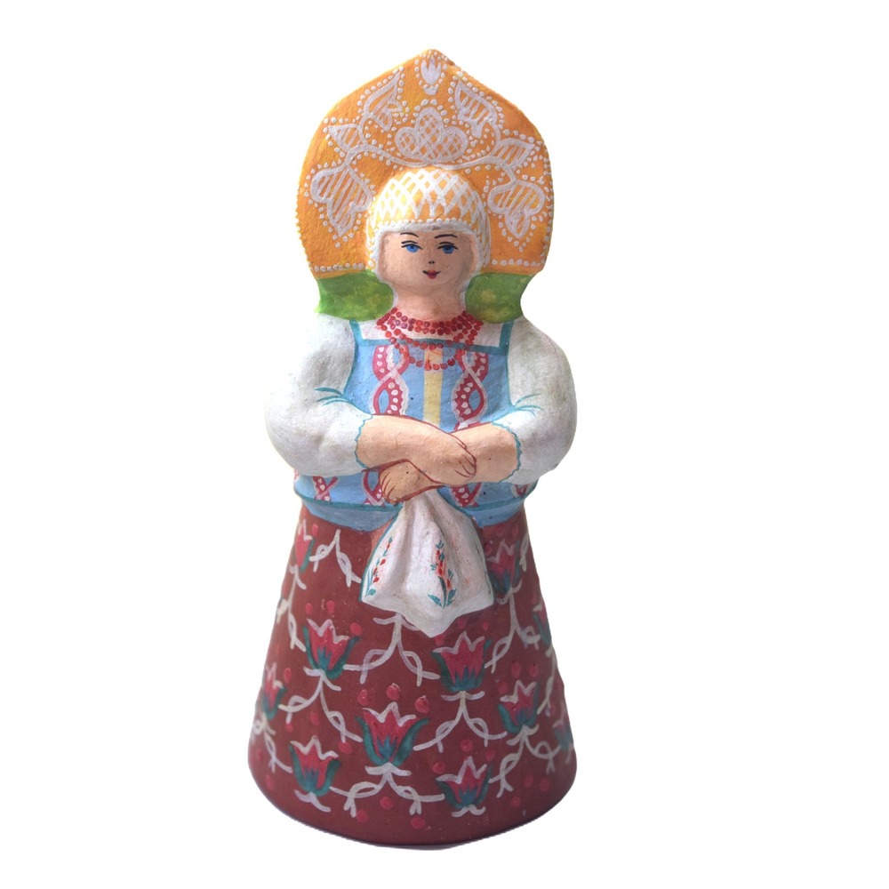 Russian Folk Art Figurine Woman Red Blue Excellent Hand Painted Clay